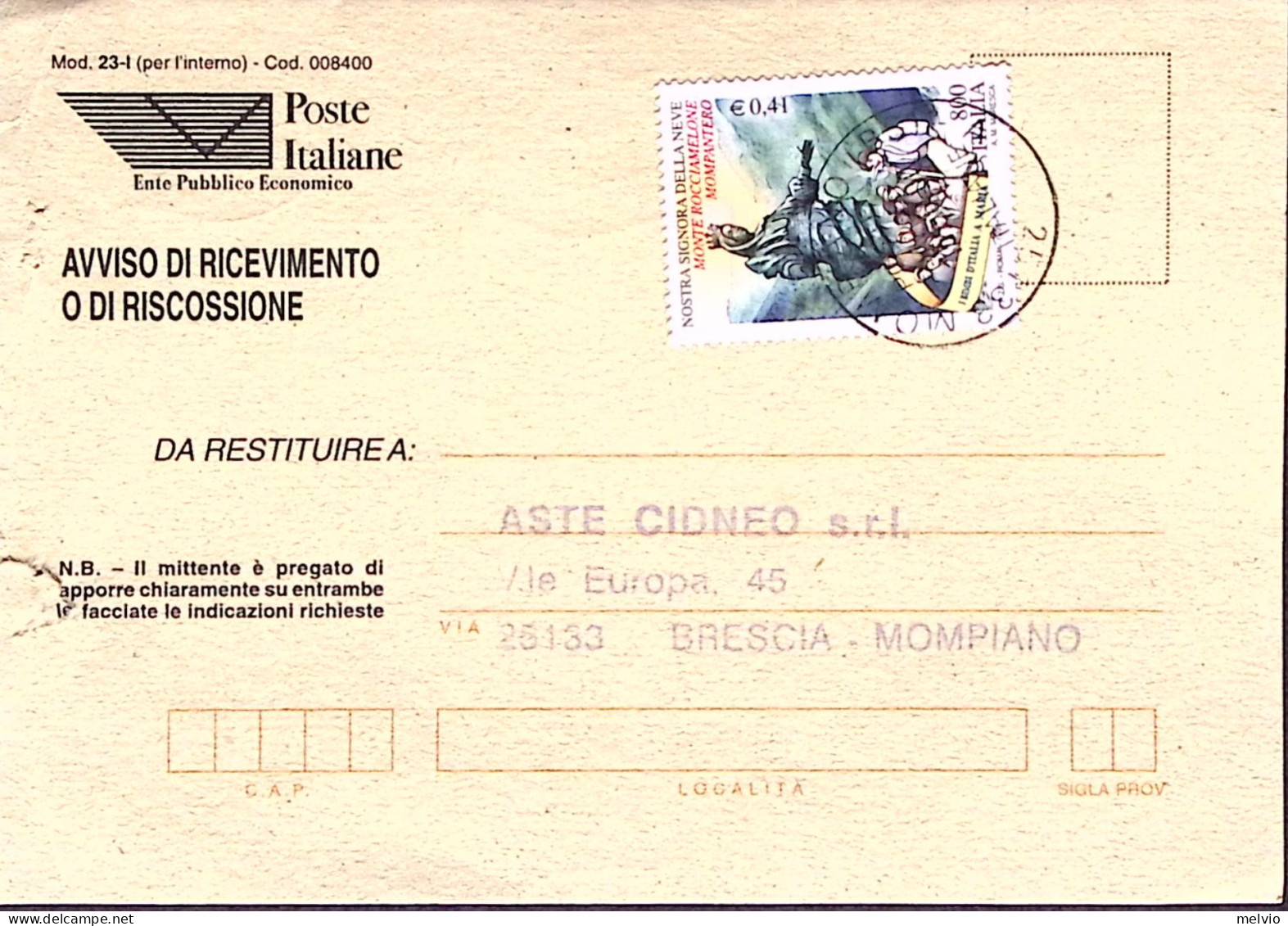 1999-Posa Statua Madonna Delle Nevi Lire 800 Isolato Su Avviso Ricevimento - 1991-00: Marcophilie