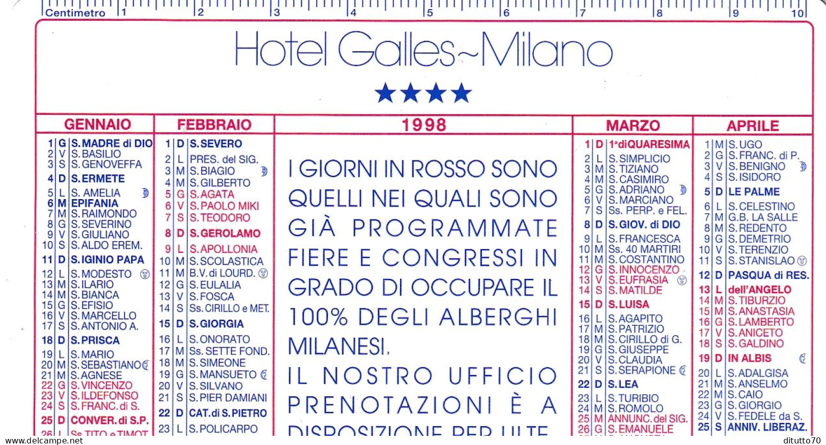 Calendarietto - Hotel Galles - Milano - Anno 1998 - Formato Piccolo : 1991-00