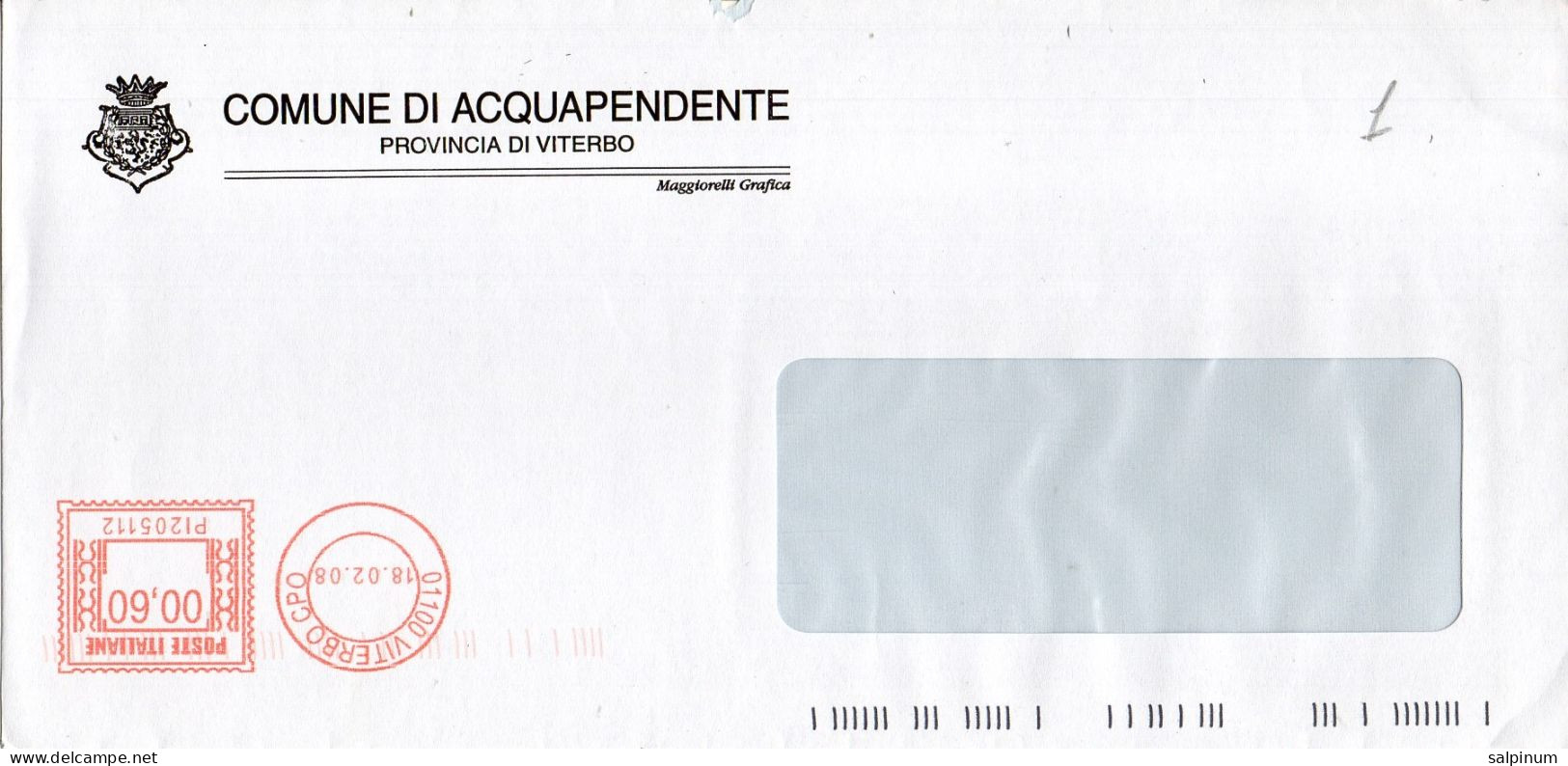 Stemma Comune Di Acquapendente (Provincia Di Viterbo) Su Busta Tipo 1 Anno 2008 - Sobres