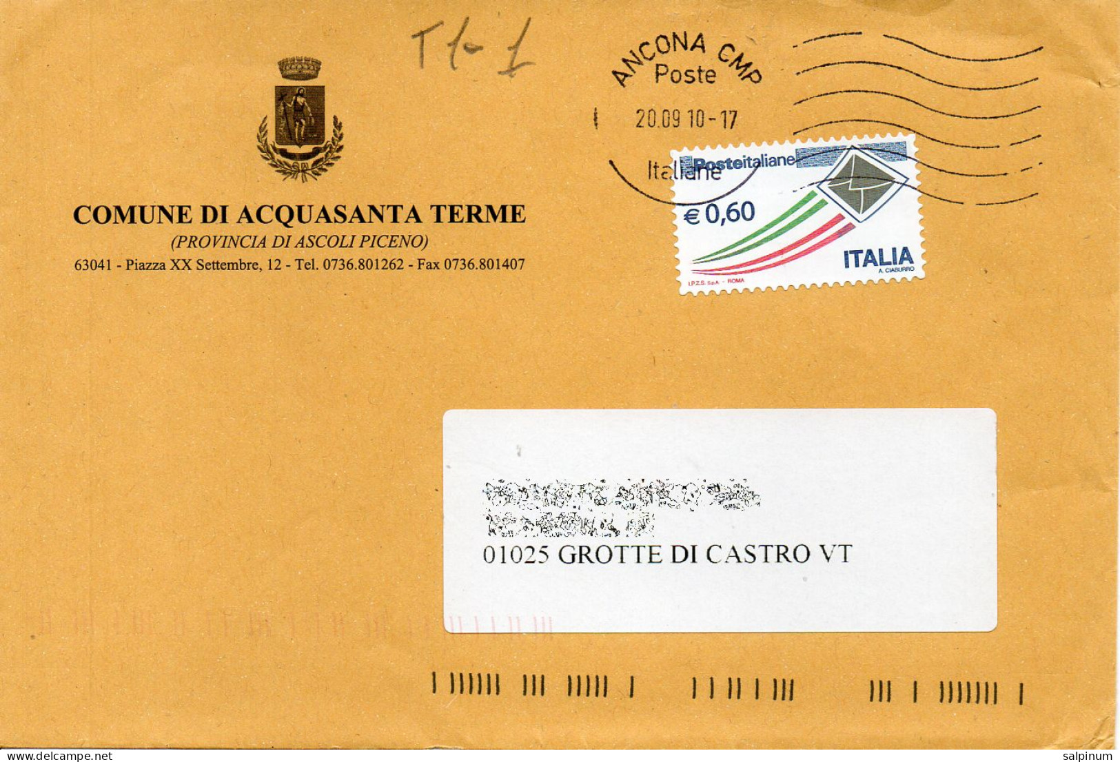 Stemma Comune Di Acquasanta Terme (Provincia Di Ascoli Piceno) Su Busta Tipo 1 Anno 2010 - Buste