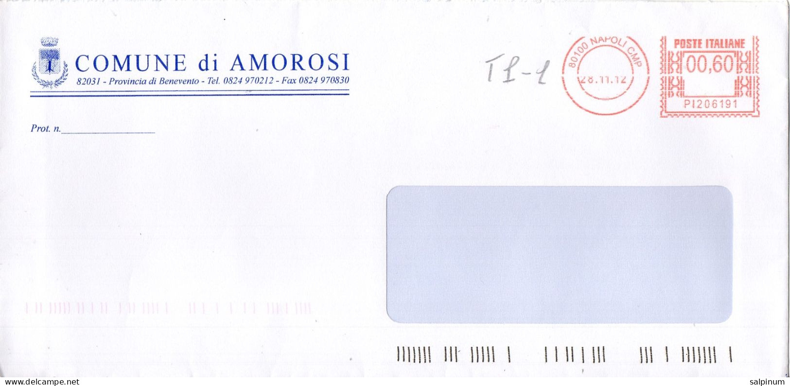 Stemma Comune Di Amorosi (Provincia Di Benevento) Su Busta Tipo 1 Anno 2012 - Enveloppes