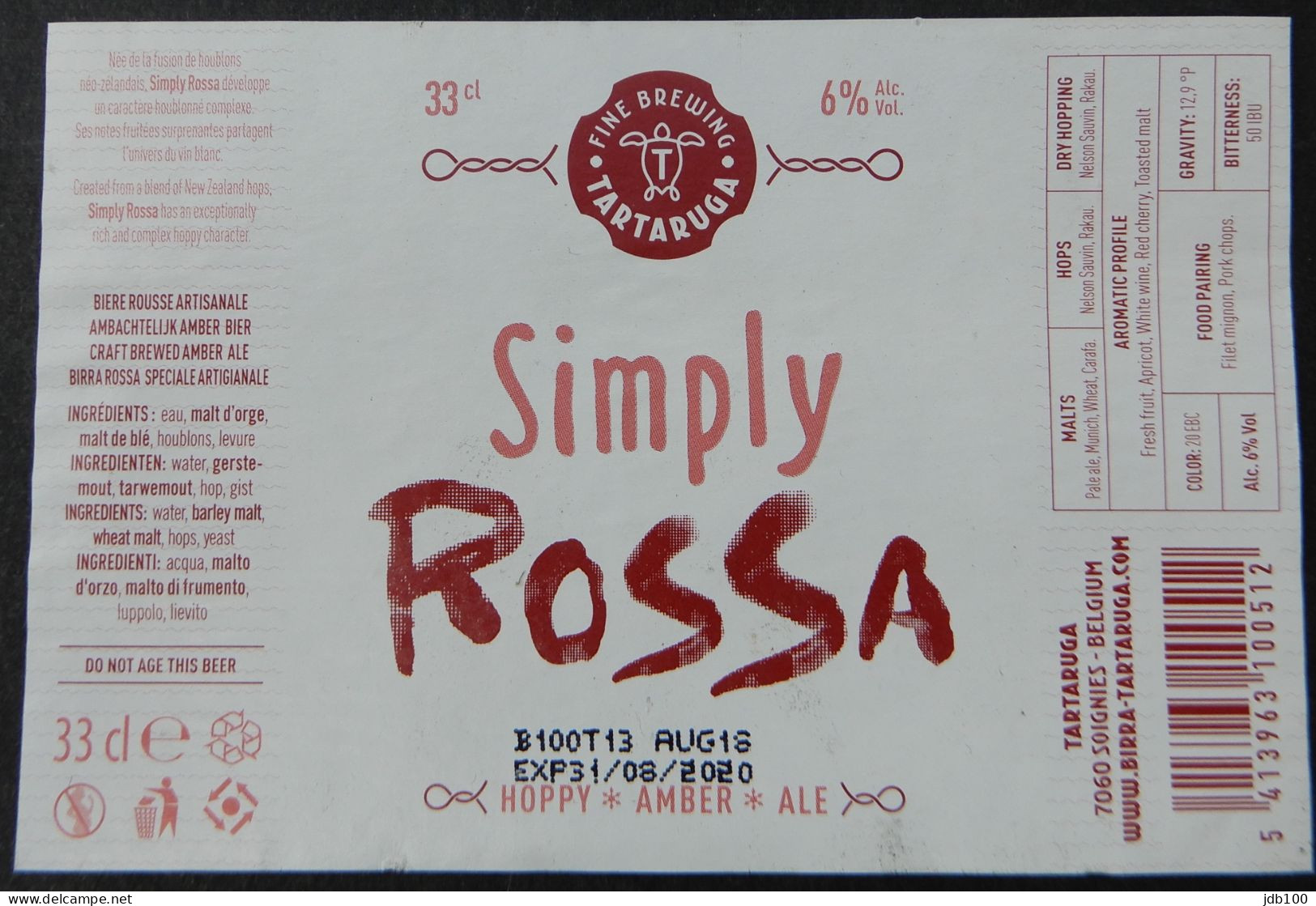 Bier Etiket (5h7), étiquette De Bière, Beer Label, Simply Rossa Brouwerij Tartaruga - Bière