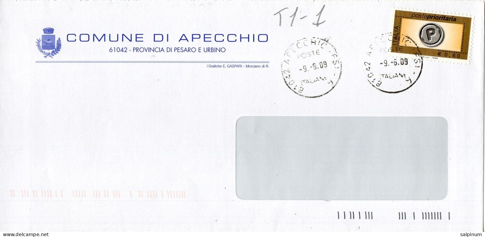 Stemma Comune Di Apecchio (Provincia Di Pesaro Urbino) Su Busta Tipo 1 Anno 2009 - Enveloppes