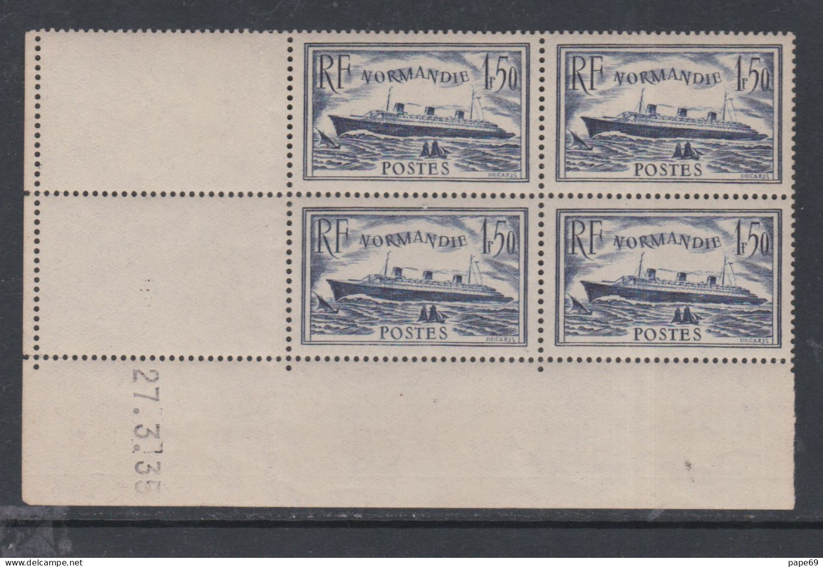 France N° 299 XX Paquebot "Normandie", En Bloc De 4 Coin Daté Du 27 . 3 . 35  Sans Charnière, TB - 1930-1939