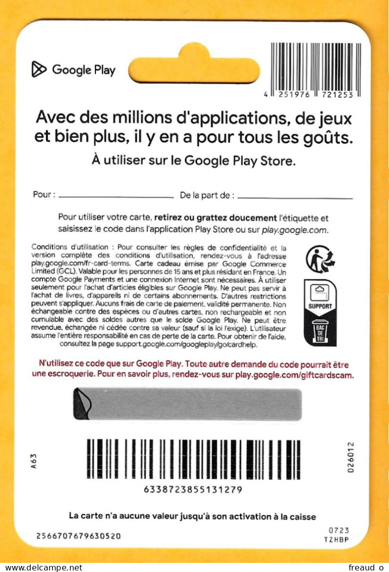 Carte Cadeau Google Play 100€ - A63 - - Tarjetas De Regalo