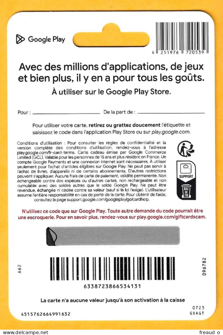 Carte Cadeau Google Play 50€ - A62 - - Tarjetas De Regalo