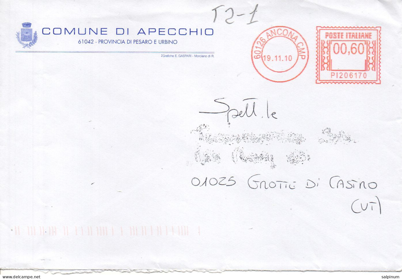 Stemma Comune Di Apecchio (Provincia Di Pesaro Urbino) Su Busta Tipo 2 Anno 2010 - Sobres