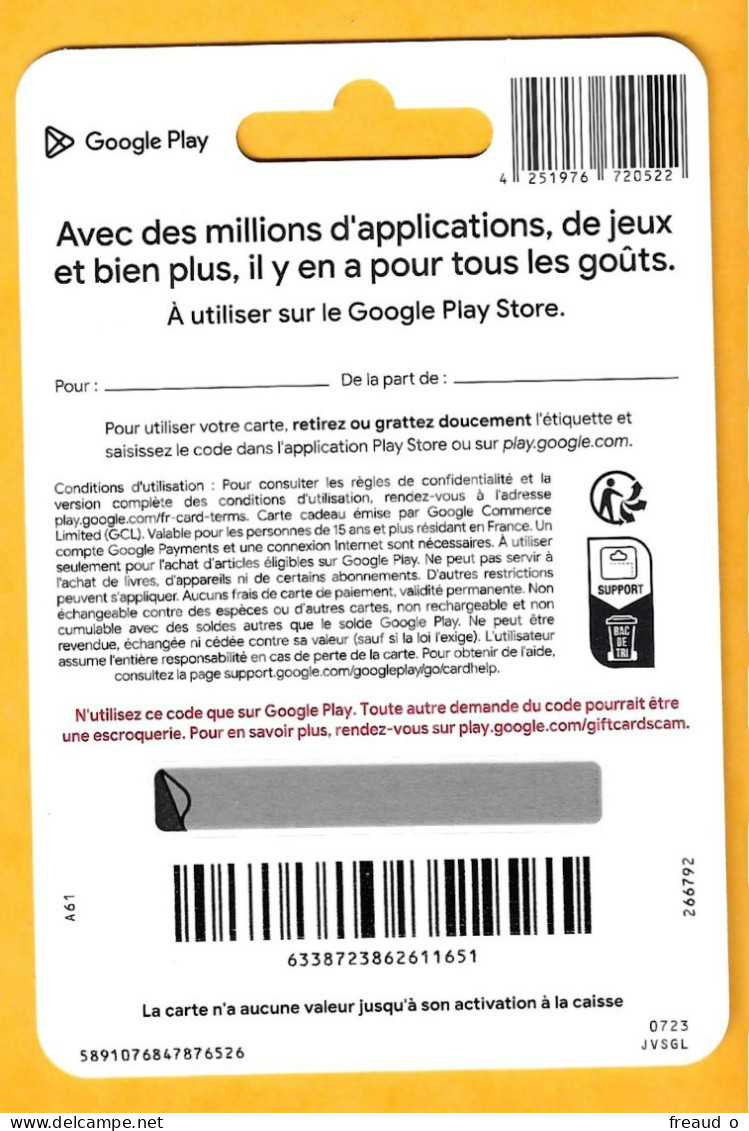 Carte Cadeau Google Play 25€ - A61 - - Gift Cards