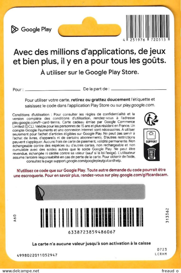 Carte Cadeau Google Play 15€ - A60 - - Gift Cards