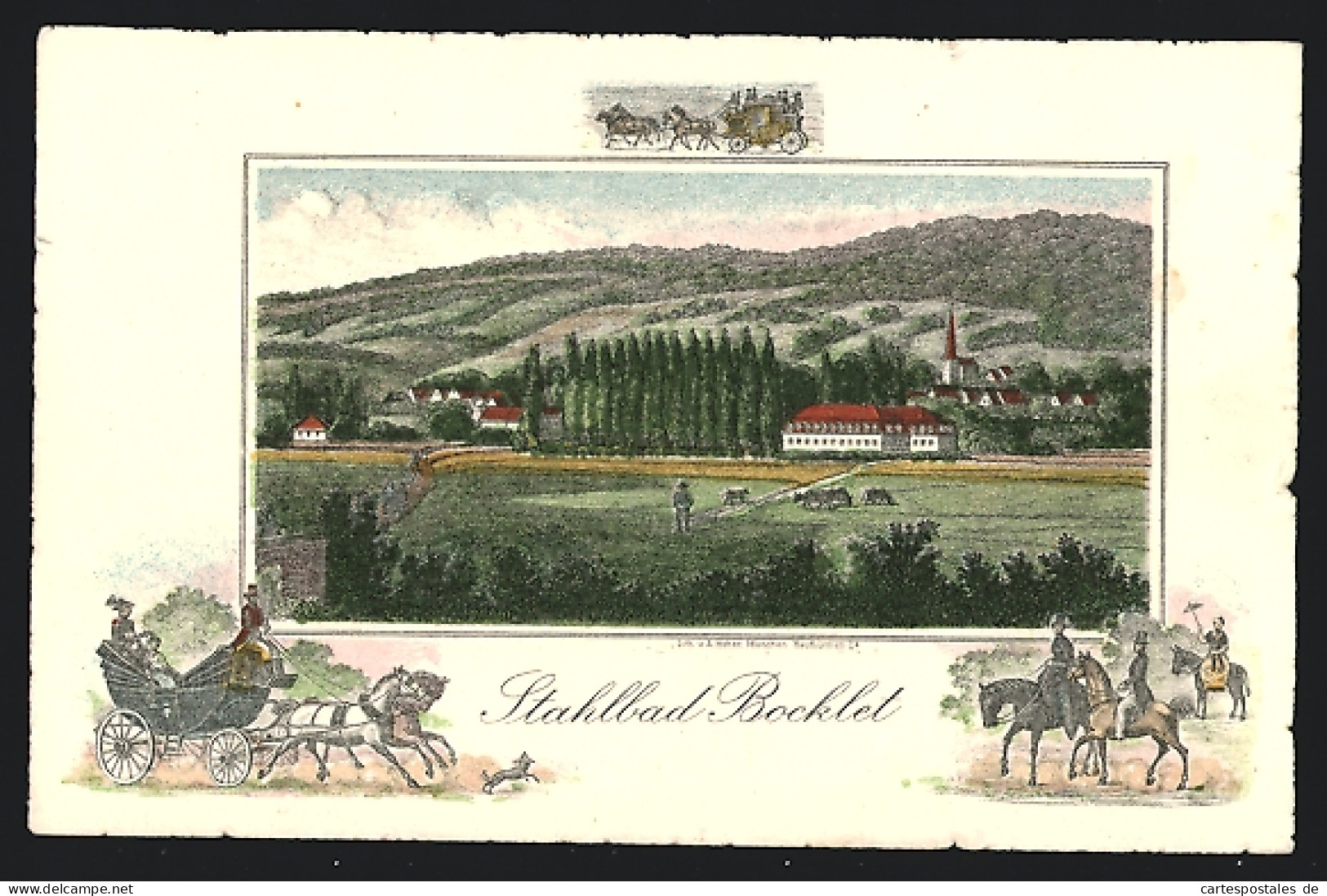Lithographie Ganzsache Bayern PP47F3: Stahlbad Bocklet, Blick über Weiden Auf Den Ort  - Briefkaarten