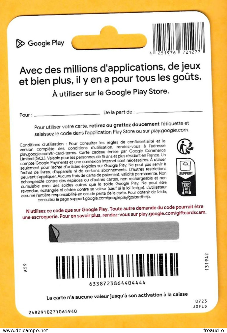 Carte Cadeau Google Play 5€ - A59 - - Gift Cards