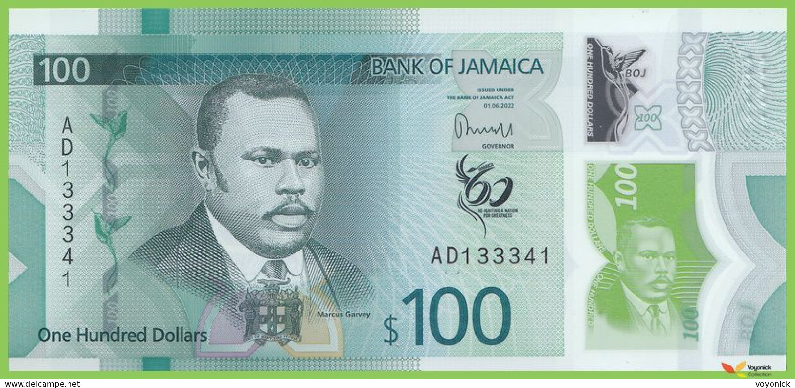 Voyo JAMAICA 100 Dollars 2022(2023) P97 B252a AD UNC Polymer Commemorative - Jamaique