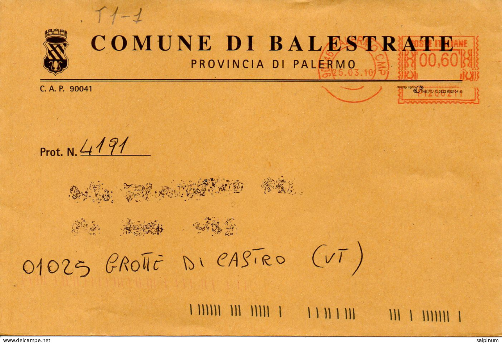 Stemma Comune Di Balestrate (Provincia Di Palermo) Su Busta Tipo 1 Anno 2010 - Omslagen