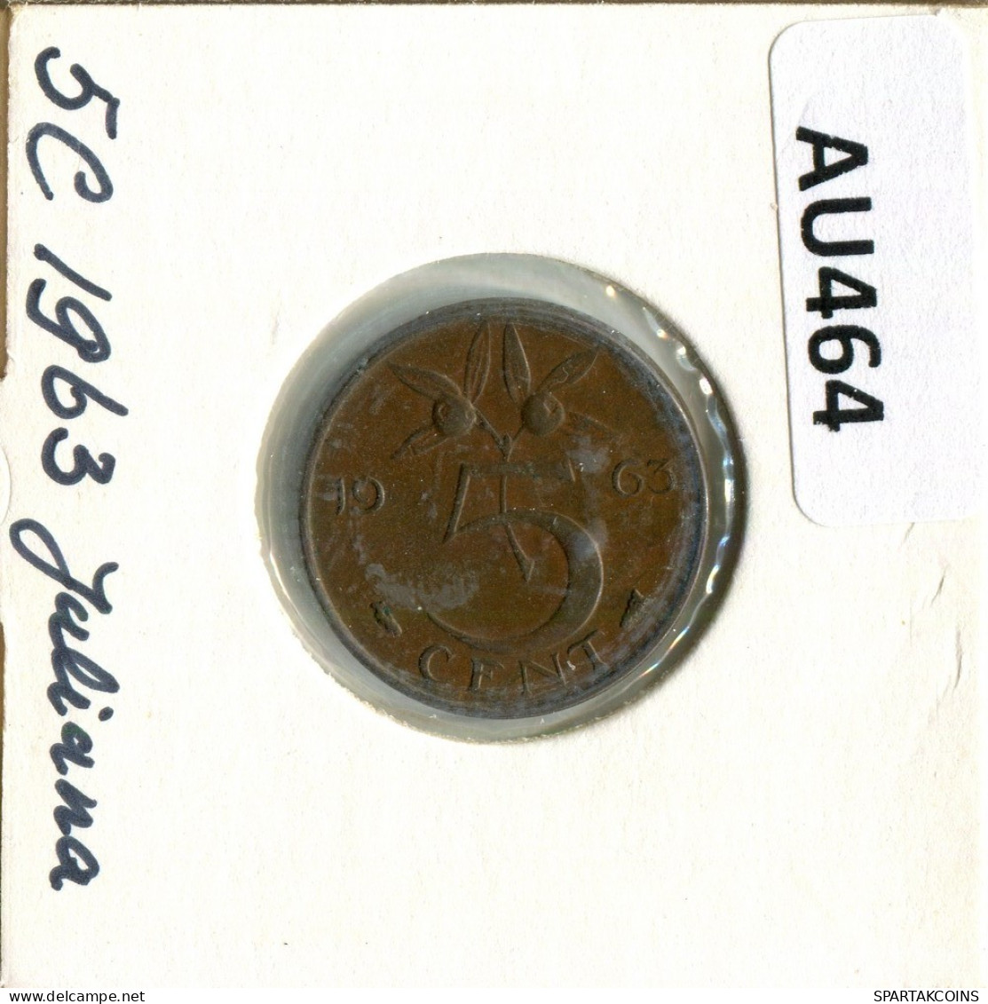 5 CENTS 1963 NEERLANDÉS NETHERLANDS Moneda #AU464.E.A - 1948-1980: Juliana