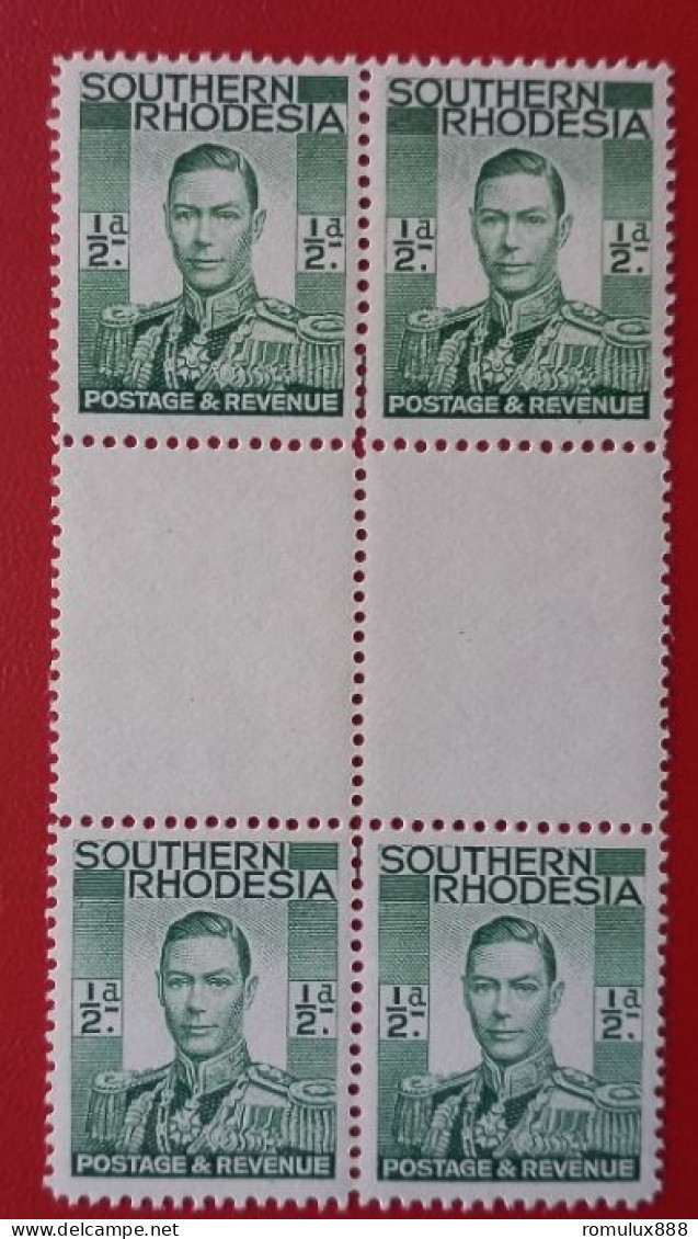 SOUTHERN RHODESIA 1937 SACC #42 1/2d GUTTER BOACK OF 4 GREEN MNH - Southern Rhodesia (...-1964)