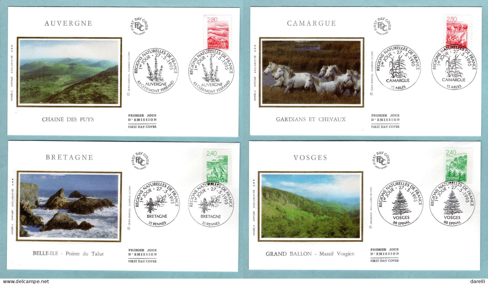 FDC France 1995 - Les Régions Françaises : Bretagne, Vosges, Auvergne, Camargue - YT 2949 à 2952 (soie) - 1990-1999