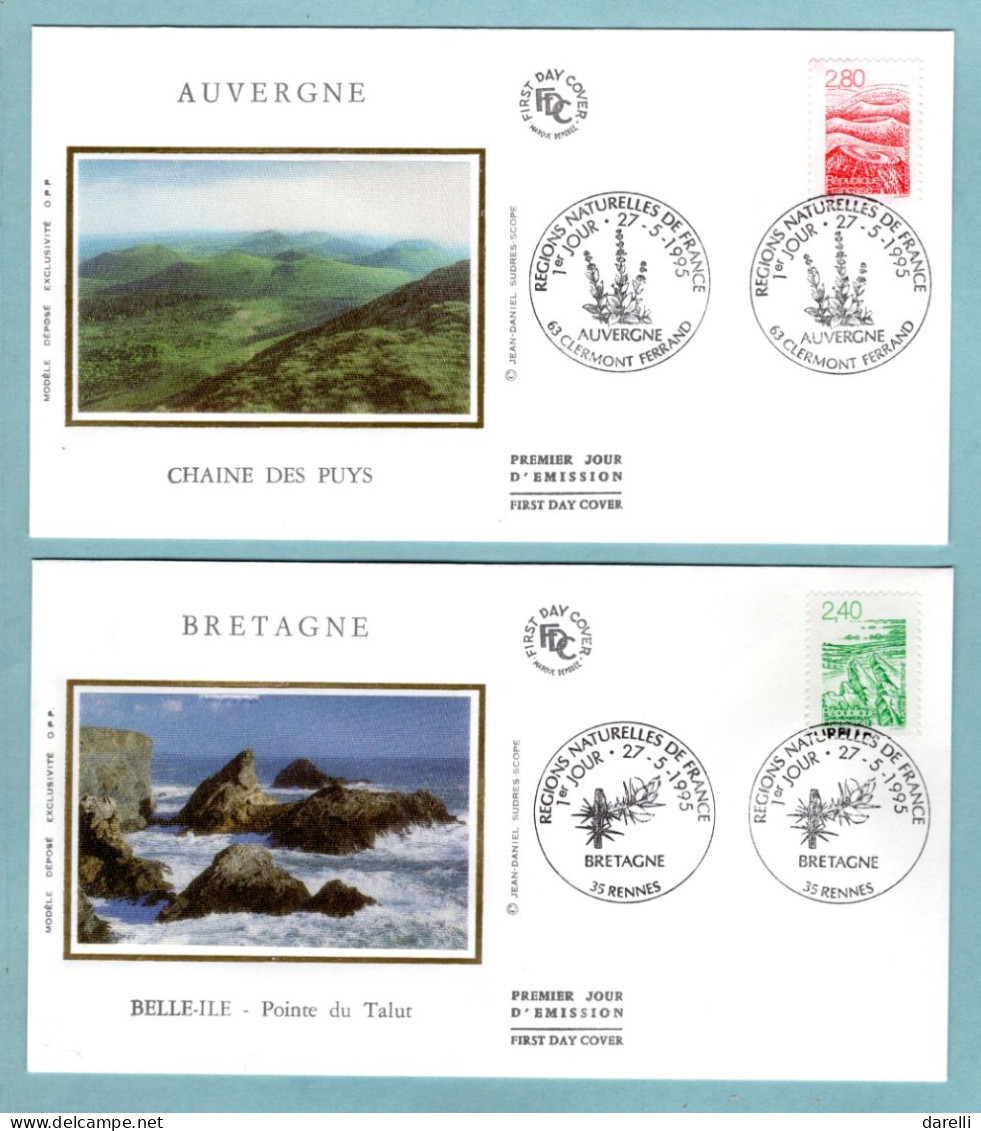 FDC France 1995 - Les Régions Françaises : Bretagne, Vosges, Auvergne, Camargue - YT 2949 à 2952 (soie) - 1990-1999