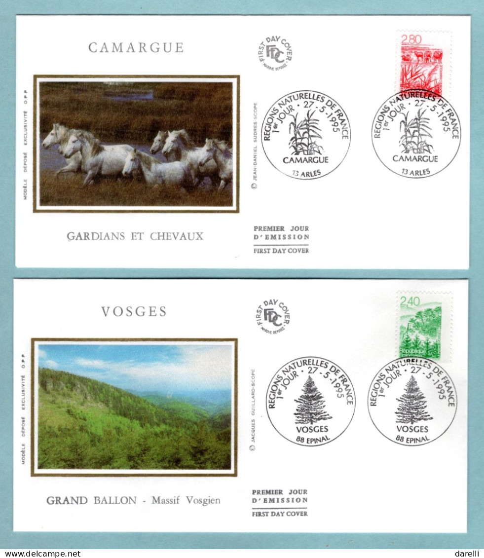 FDC France 1995 - Les Régions Françaises : Bretagne, Vosges, Auvergne, Camargue - YT 2949 à 2952 (soie) - 1990-1999