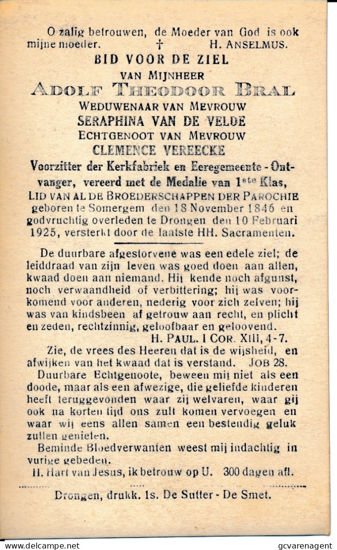 ADOLF THEODOOR BRAL ZOMERGEM 1846       DRONGEN  1925     ZIE AFBEELDING - Obituary Notices