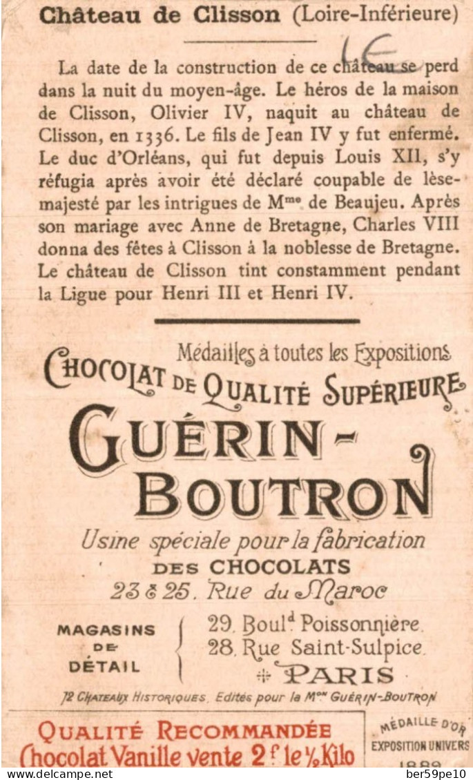 CHROMO CHOCOLAT GUERIN-BOUTRON CHATEAU DE CLISSON (LOIRE INFERIEURE) - Guérin-Boutron