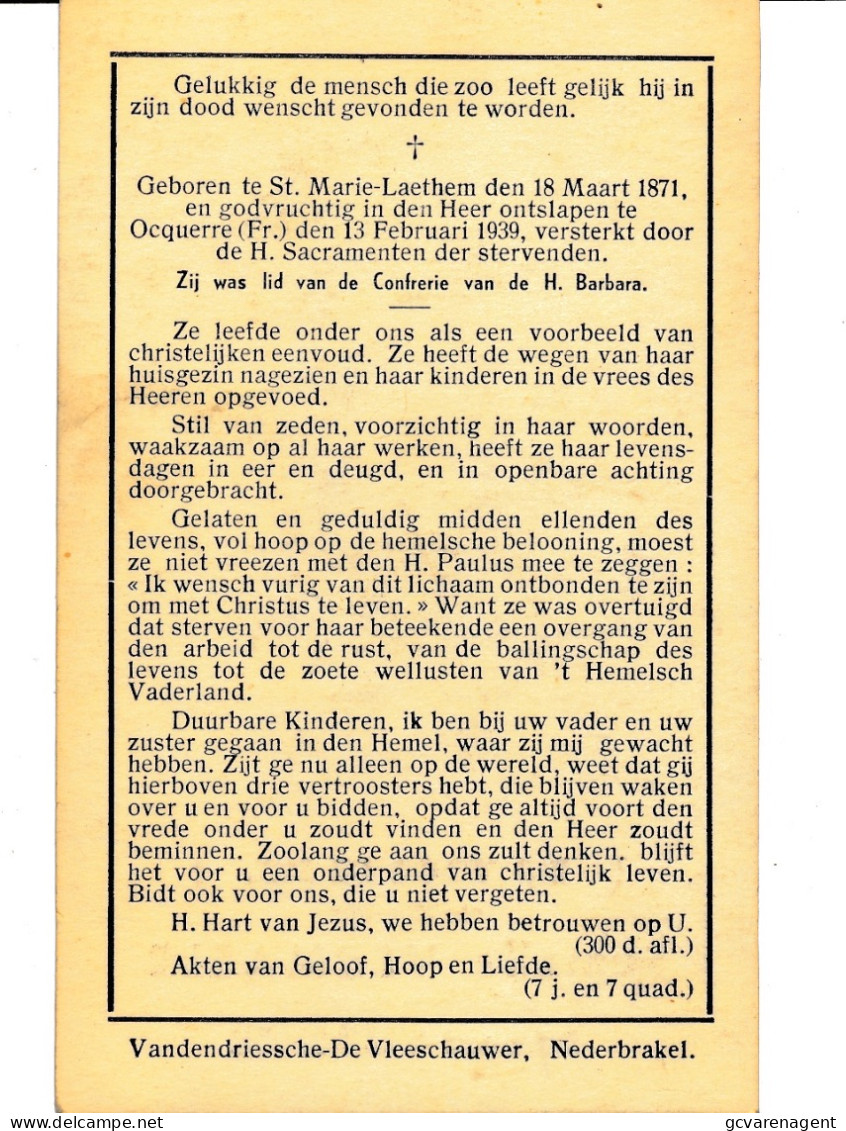 ROMALIE VERMAELE    ST MARIE LAETHEM  1871      OCQUERRE ( FR) 1939    ZIE AFBEELDING - Obituary Notices