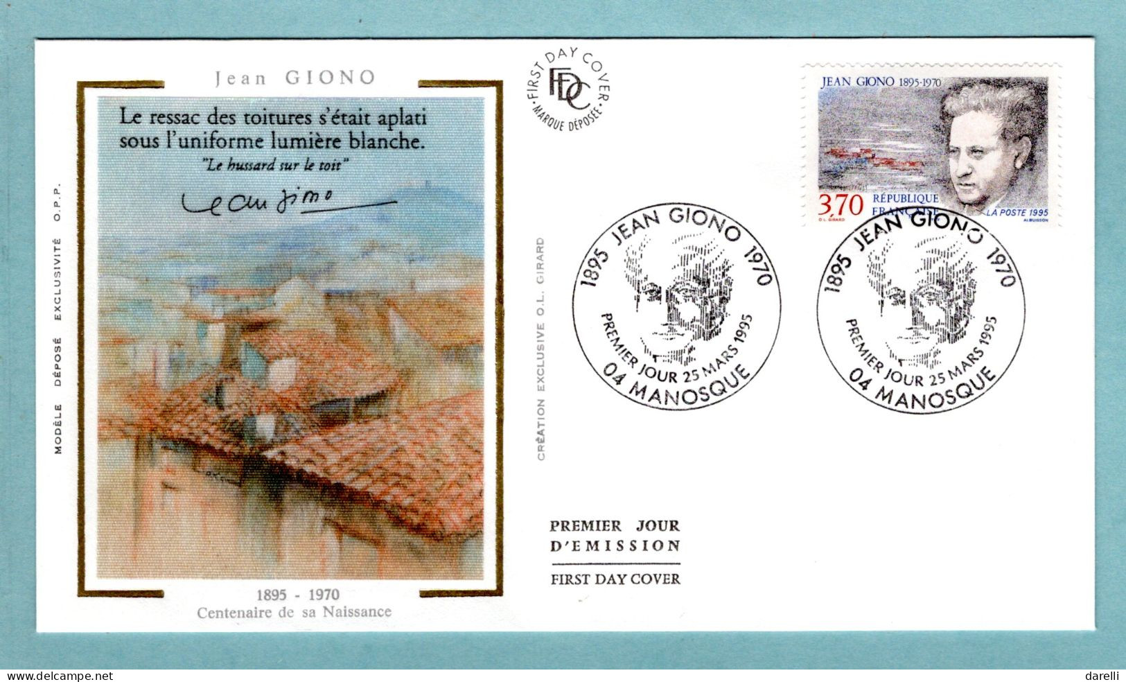 FDC France 1995 - Jean Giono - YT 2939 - 04 Manosque (soie) - 1990-1999