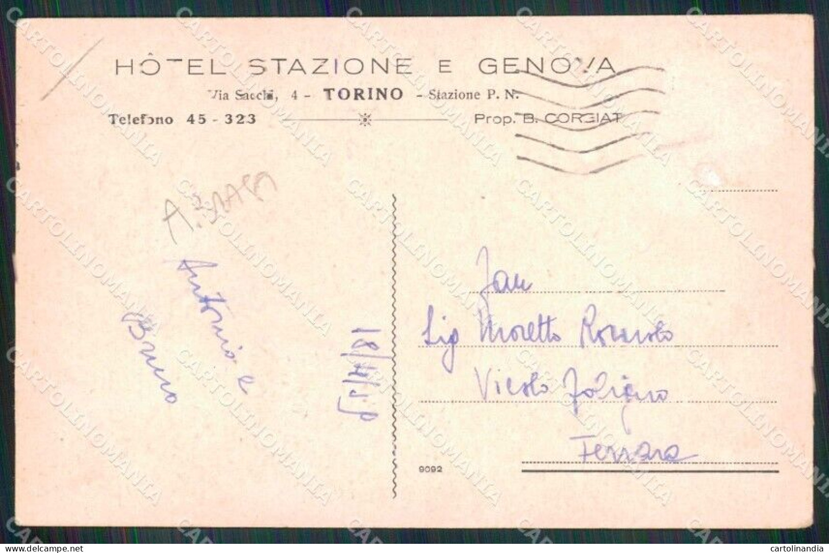 Torino Città Hotel Stazione Genova PIEGHINA ABRASA Cartolina MZ8736 - Andere & Zonder Classificatie