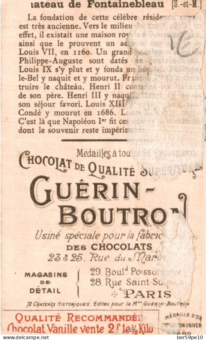 CHROMO CHOCOLAT GUERIN-BOUTRON CHATEAU DE FONTAINBLEAU (SEINE ET MARNE) - Guerin Boutron