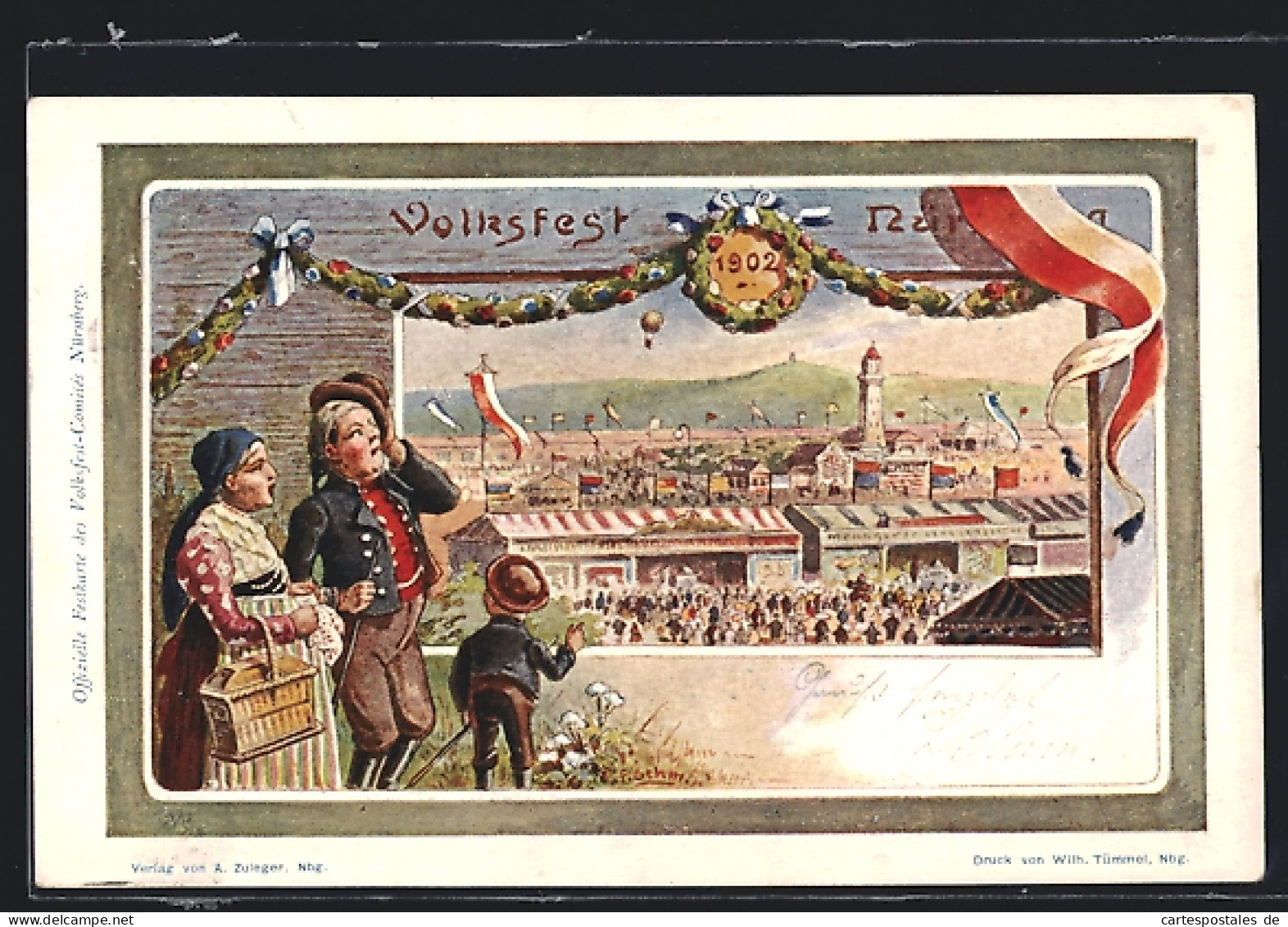 Künstler-AK Nürnberg, Volksfest, Festpostkarte, Familie Blickt Aufs Festgelände, Ganzsache  - Briefkaarten