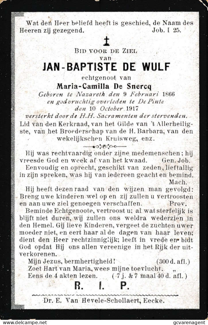 JAN BAPTISTE DE WULF  NAZARETH  1886    DE PINTE  1917      ZIE AFBEELDING - Esquela