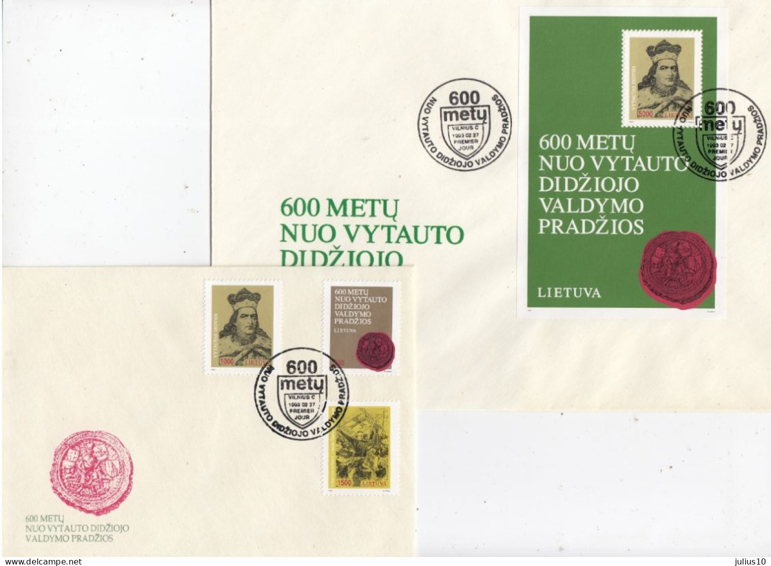 LITHUANIA 1993 Vytautas FDC Mi 518-520 Bl 3 #LTV228 - Litauen