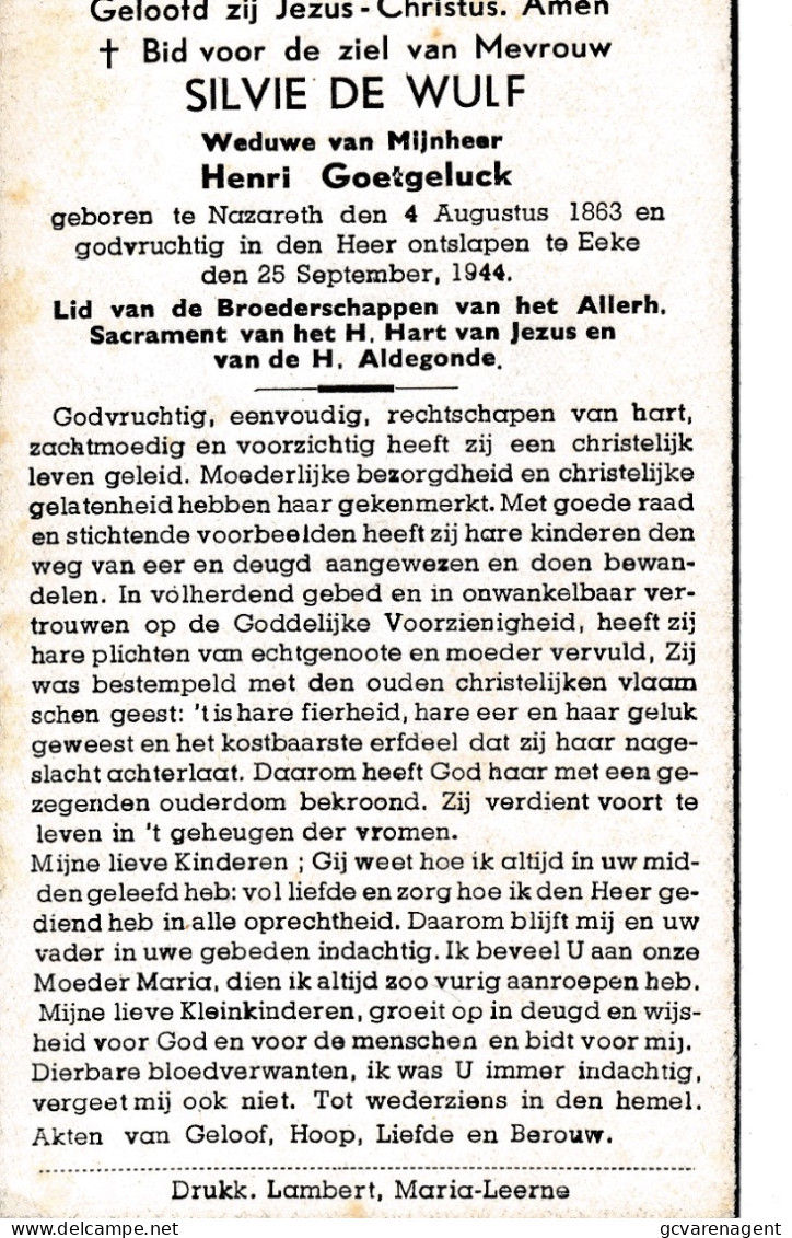 SILVIE DE WULF  NAZARETH  1863    EKE   1944      ZIE AFBEELDING - Obituary Notices