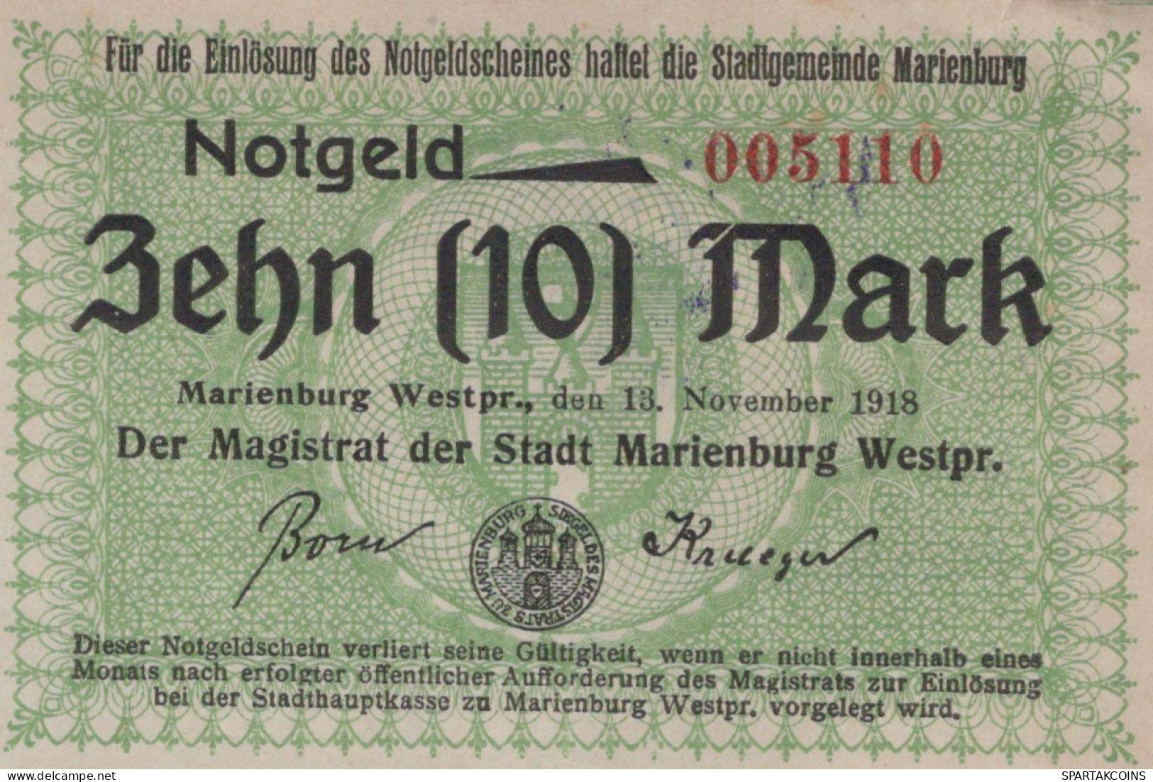 10 MARK 1918 Stadt MARIENBURG West PRUSSLAND DEUTSCHLAND Notgeld Banknote #PF490 - Lokale Ausgaben