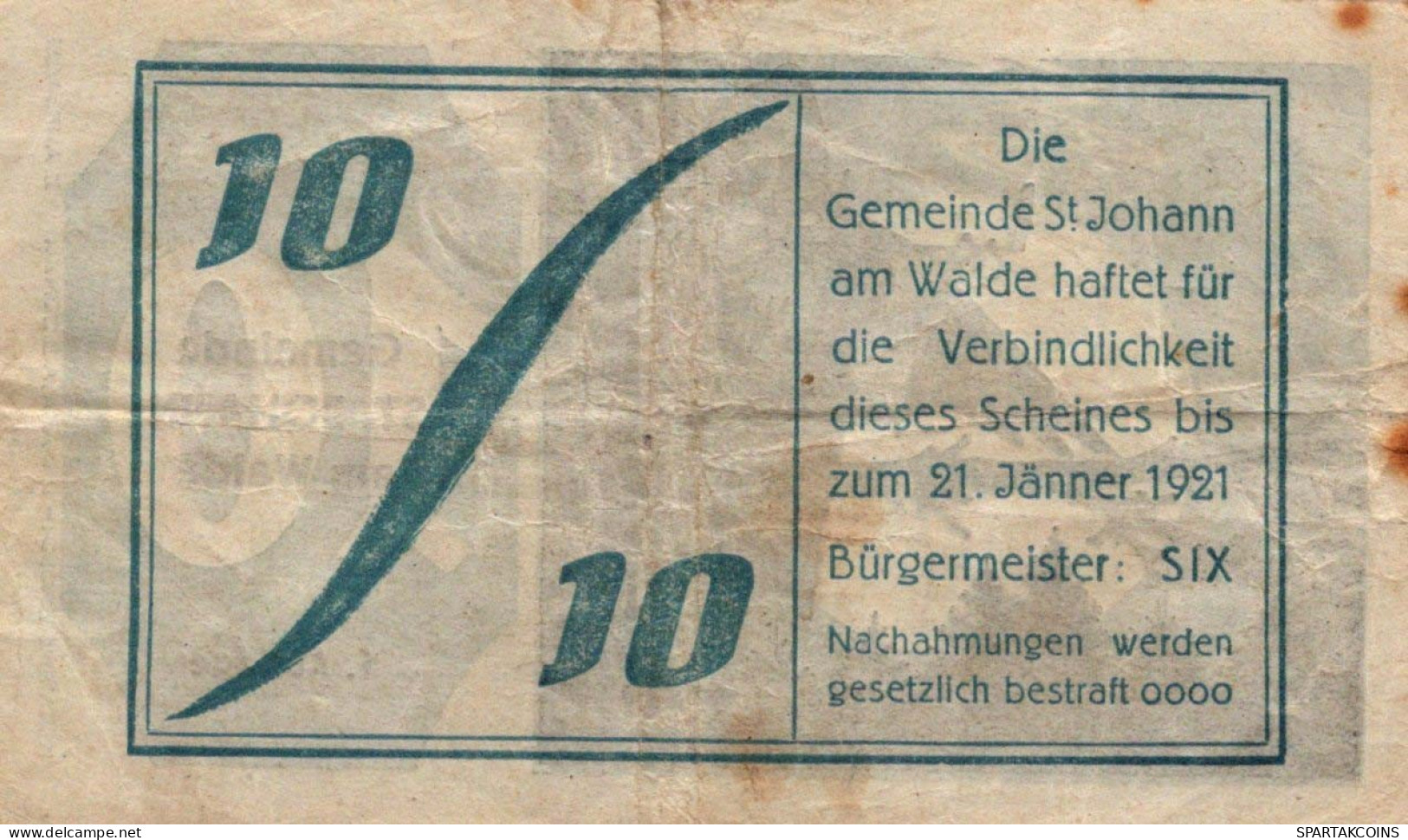 10 HELLER 1921 Stadt SANKT JOHANN AM WALDE Oberösterreich Österreich UNC Österreich #PH401 - Lokale Ausgaben