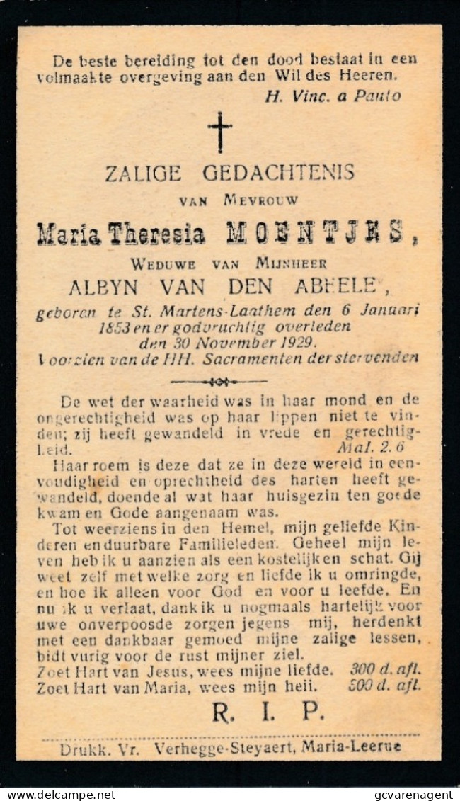 MARIA THERESIA MOENTJES   ST. MARTENS LAATHEM 1853     1929     ZIE AFBEELDING - Obituary Notices