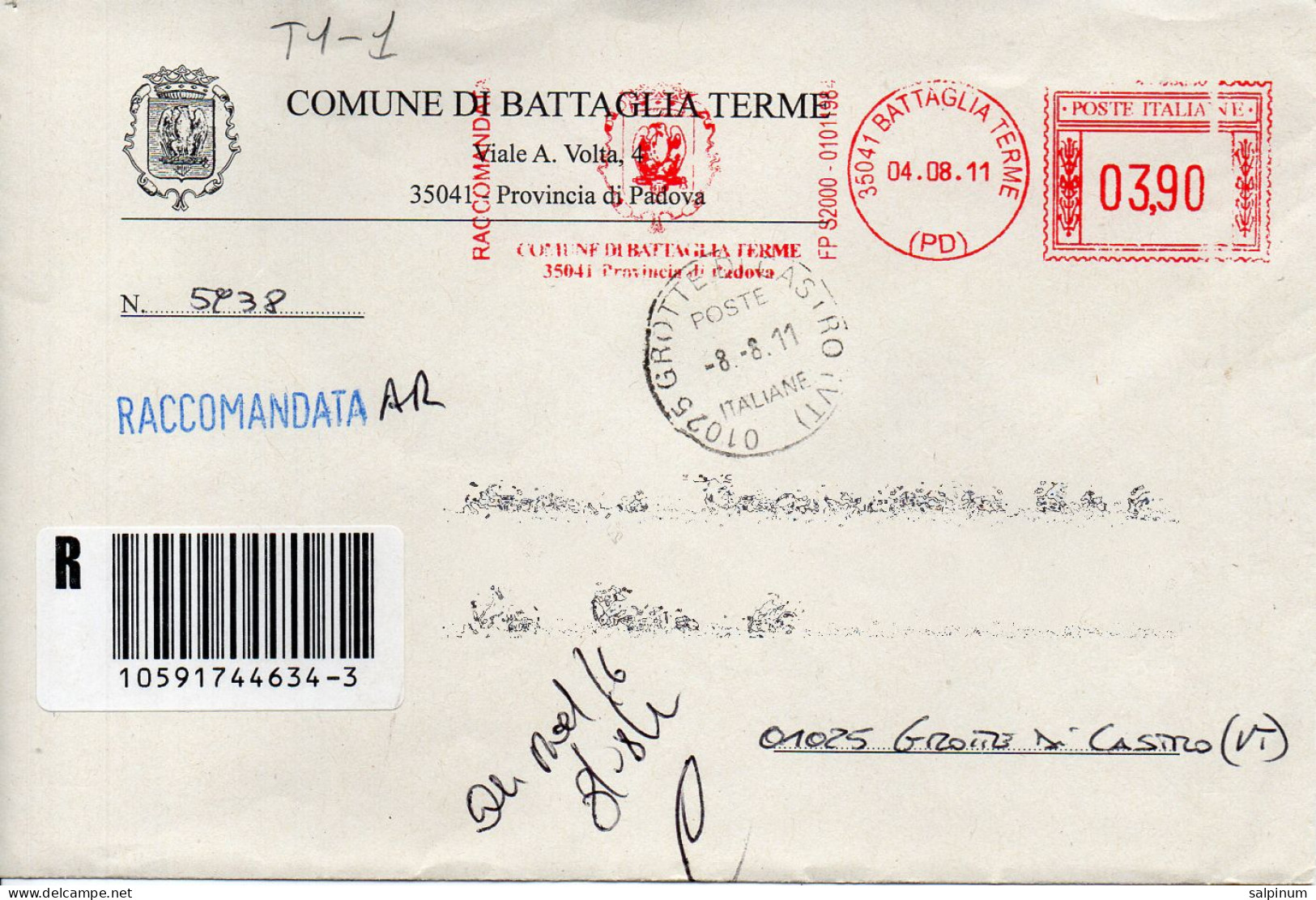 Stemma Comune Di Battaglia Terme (Provincia Di Padova) Su Busta Tipo 1 Anno 2011 - Enveloppes