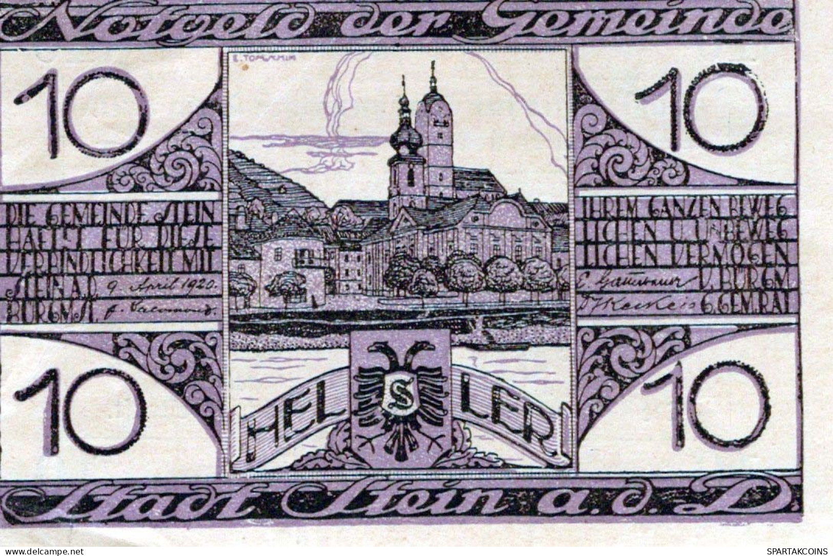 10 HELLER 1920 Stadt STEIN AN DER DONAU Niedrigeren Österreich Notgeld #PF329 - [11] Emissions Locales