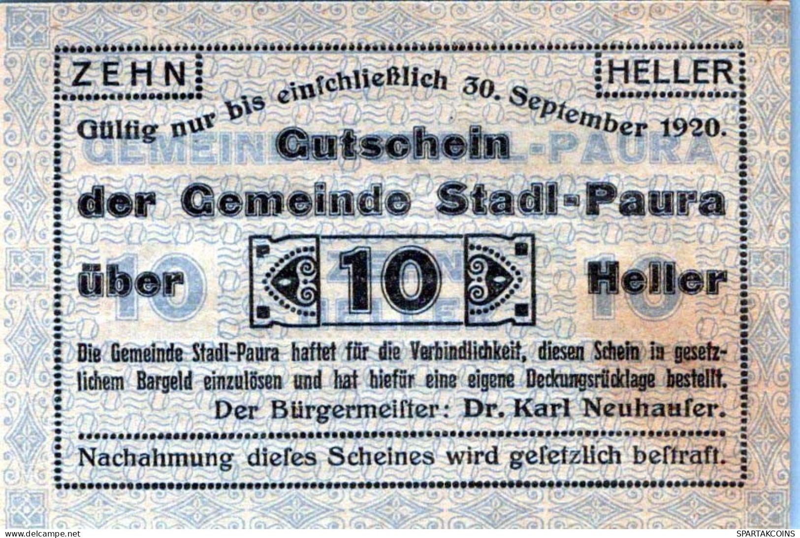 10 HELLER 1920 Stadt STADL-PAURA Oberösterreich Österreich UNC Österreich Notgeld #PH091 - [11] Emissions Locales