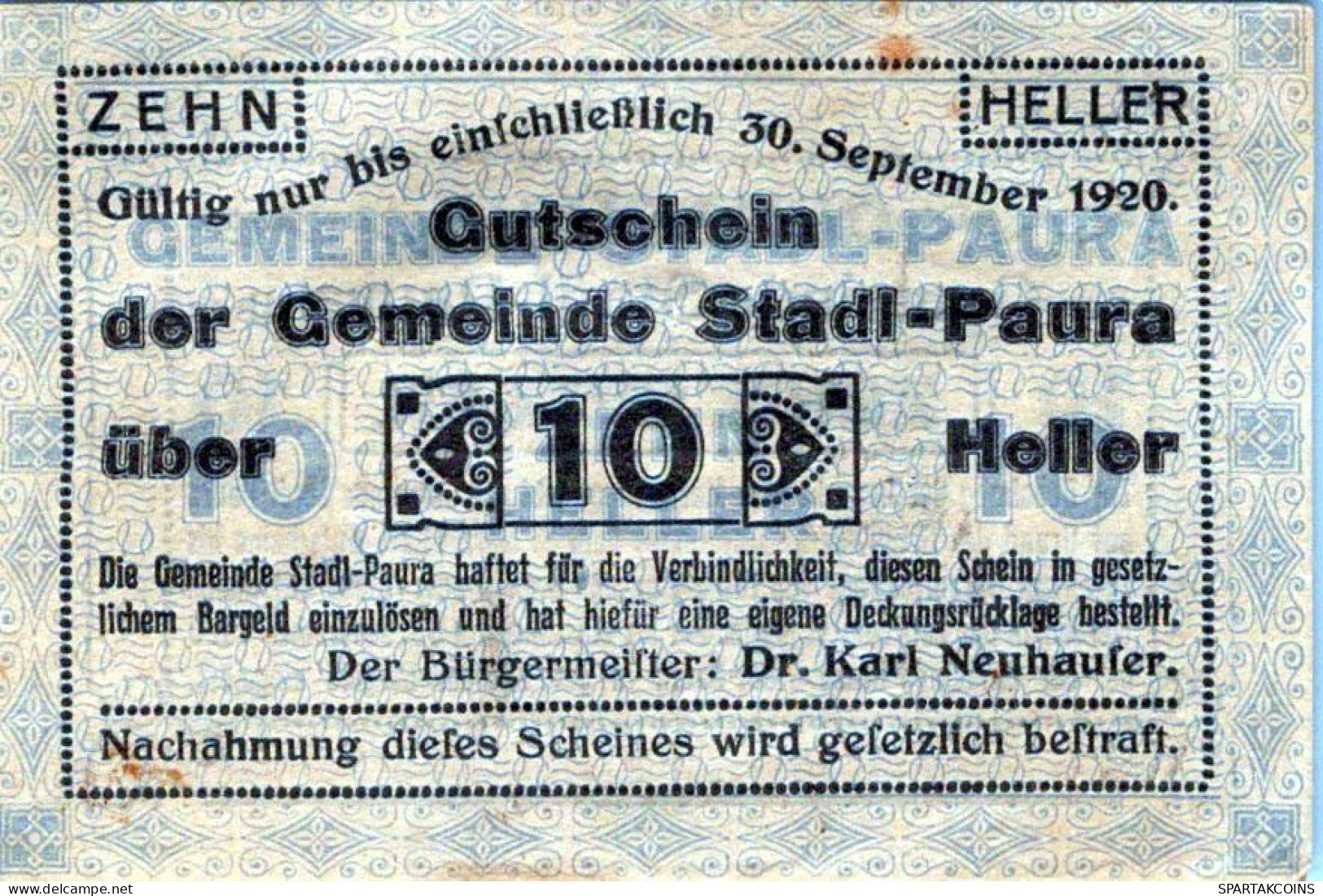 10 HELLER 1920 Stadt STADL-PAURA Oberösterreich Österreich Notgeld #PF002 - [11] Emissions Locales
