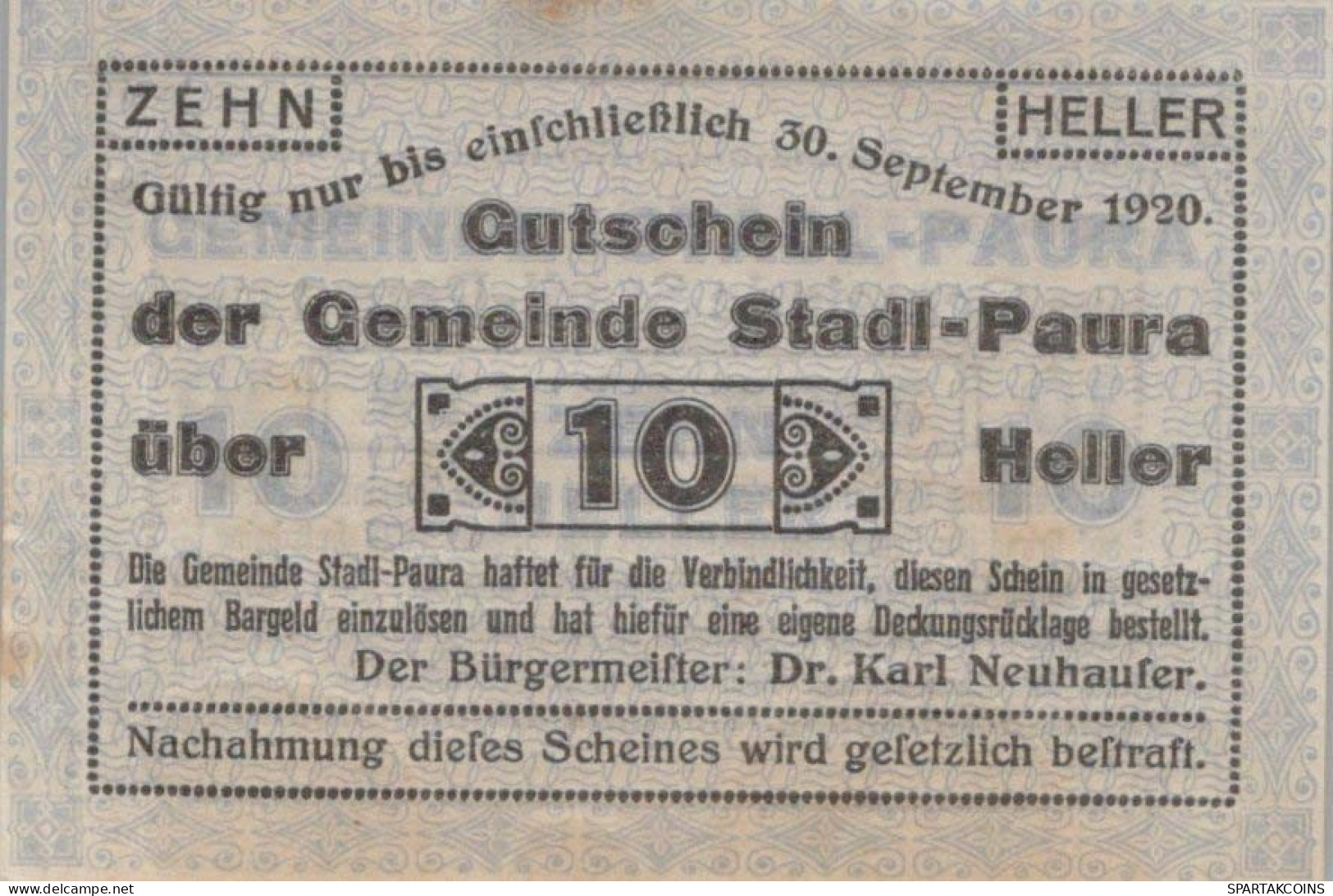 10 HELLER 1920 Stadt STADL-PAURA Oberösterreich Österreich Notgeld #PE631 - [11] Emissions Locales