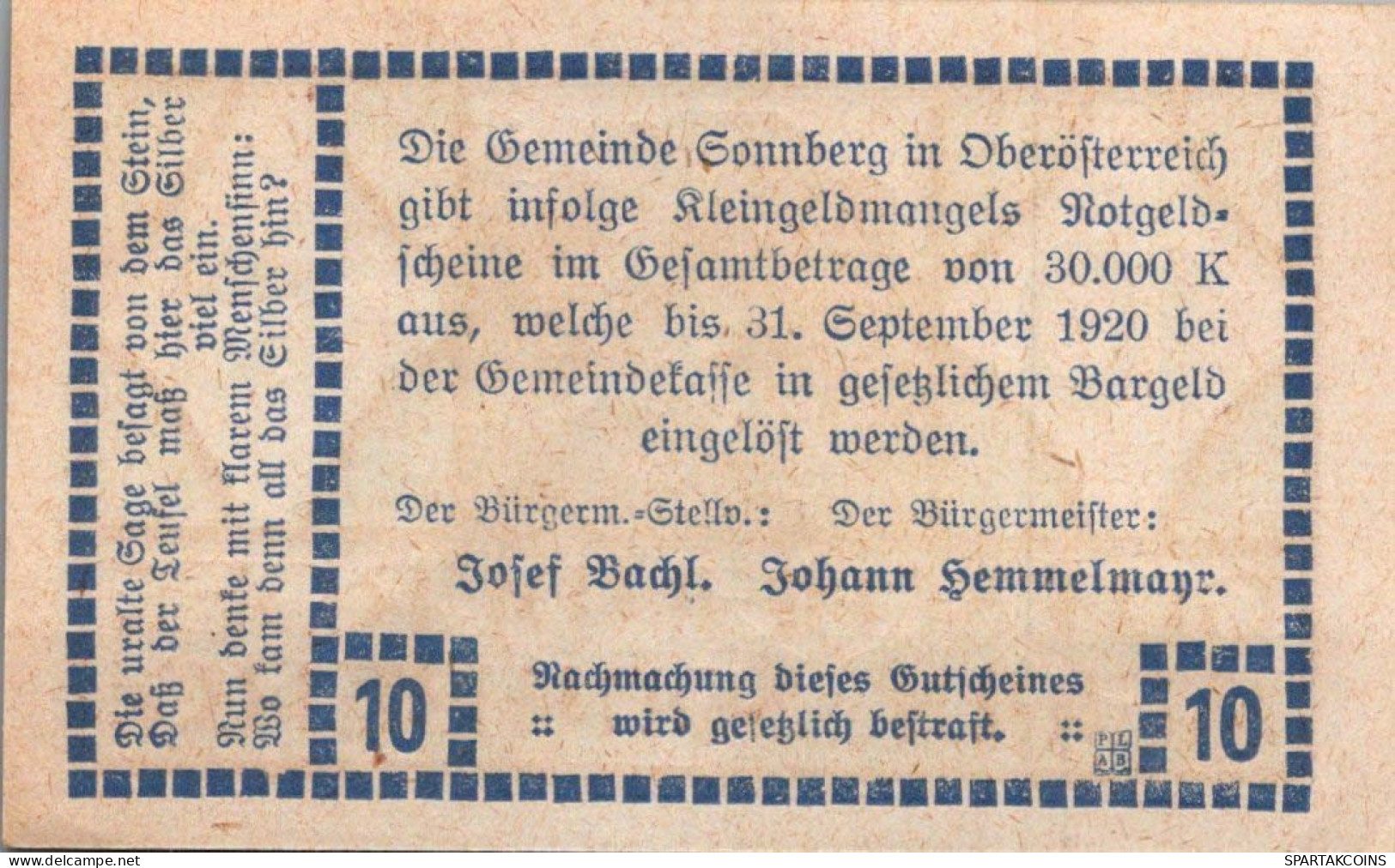 10 HELLER 1920 Stadt SONNBERG Oberösterreich Österreich Notgeld Papiergeld Banknote #PG673 - [11] Emissions Locales