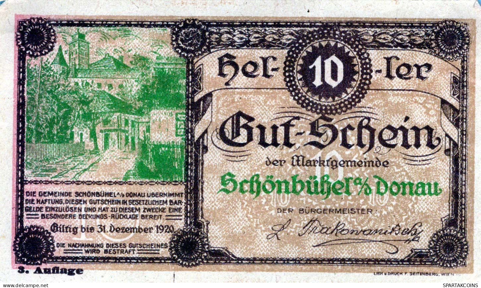 10 HELLER 1920 Stadt SCHoNBÜHEL AN DER DONAU Niedrigeren Österreich UNC Österreich #PH032 - [11] Emissions Locales