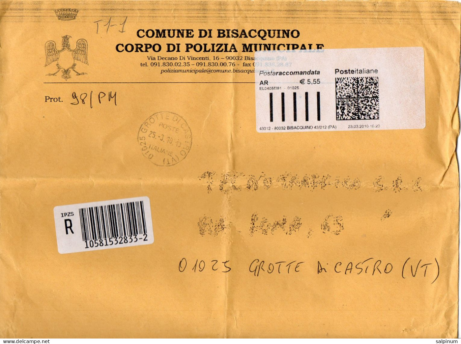 Stemma Comune Di Bisacquino (Provincia Di Palermo) Su Busta Tipo 1 Anno 2010 - Enveloppes