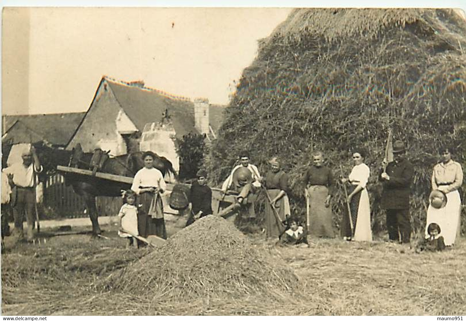 Sélection - Agriculture - Scène De Battage . Carte Photo à Localiser. Groupe De Travailleurs. De La Ferme Et Attelage - Autres & Non Classés