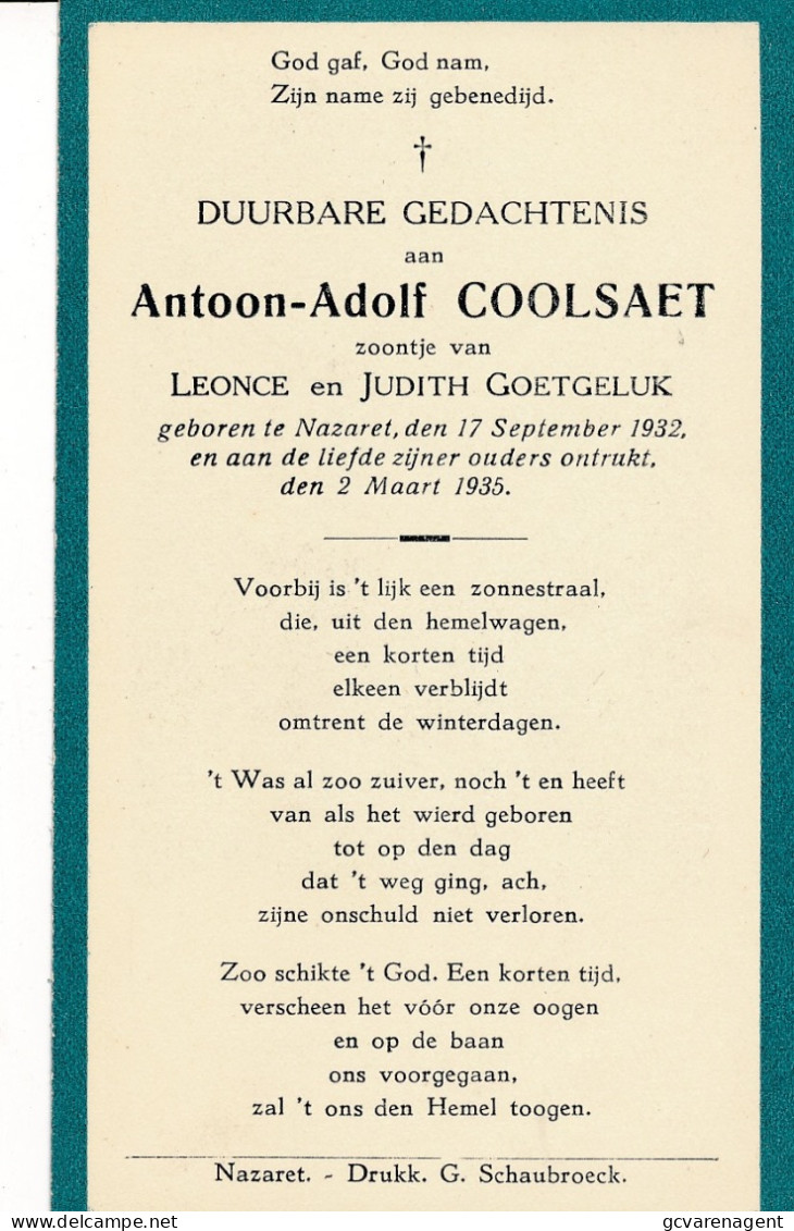 ANTOON ADOLF COOLSAET   NAZARETH  1932      1935      ZIE AFBEELDING - Esquela