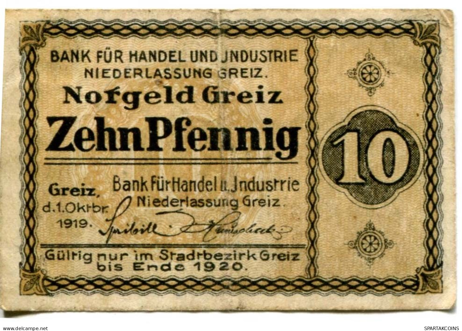 10 PFENNIG 1920 Stadt GREIZ Reuss DEUTSCHLAND Notgeld Papiergeld Banknote #PL683 - [11] Local Banknote Issues