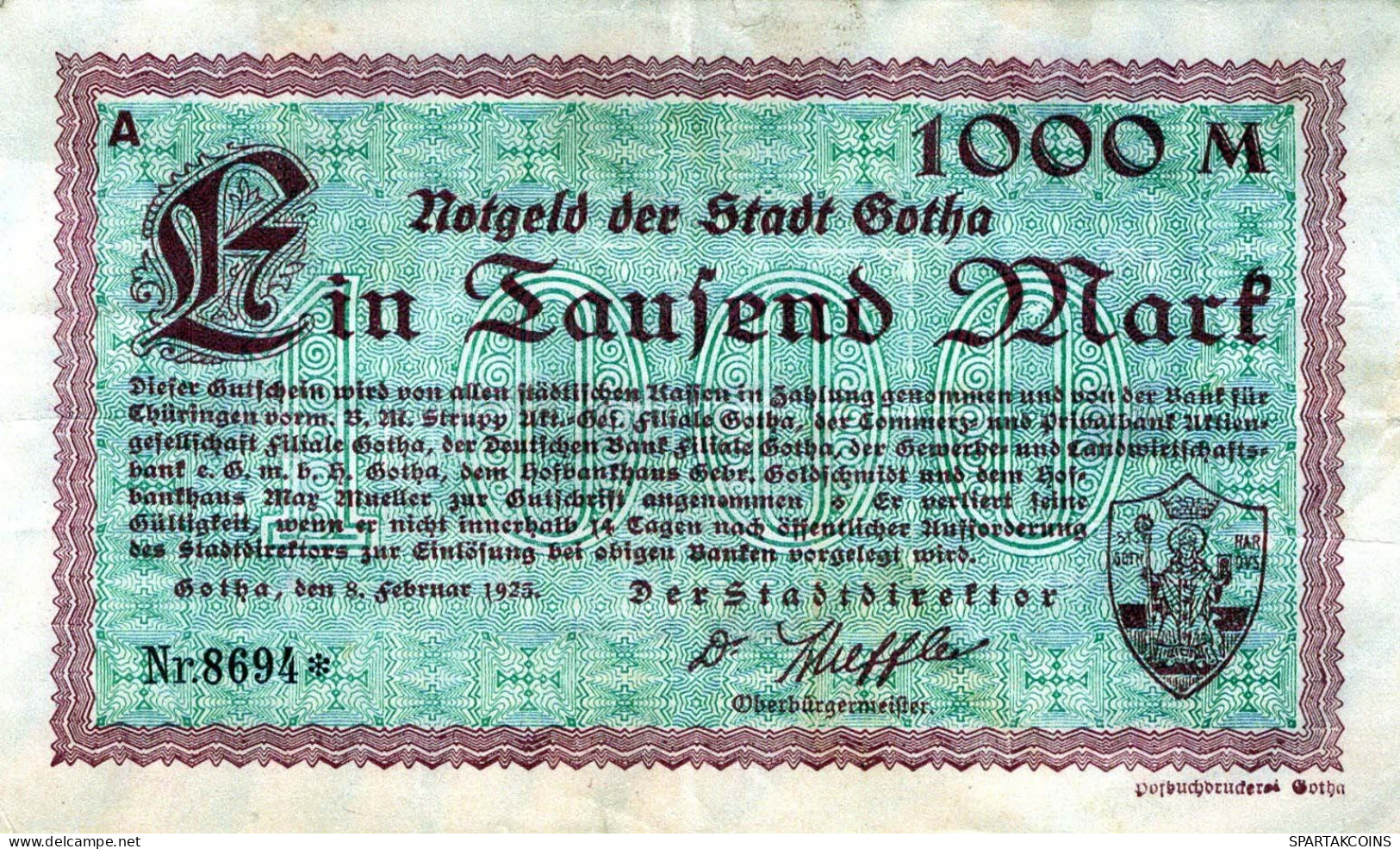 1000 MARK 1925 Stadt GOTHA Thuringia DEUTSCHLAND Notgeld Papiergeld Banknote #PK857 - [11] Lokale Uitgaven