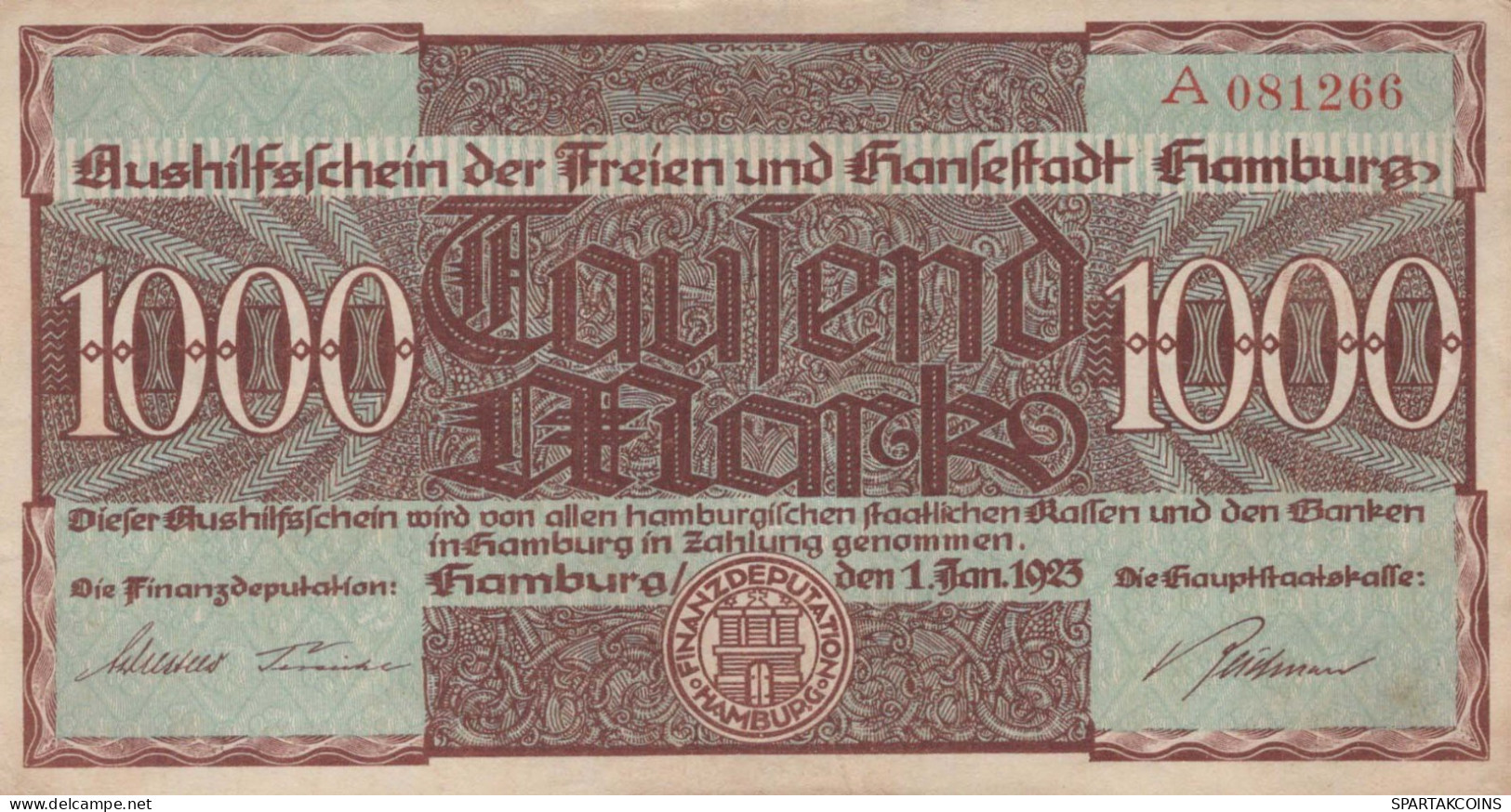 1000 MARK 1923 Stadt HAMBURG Hamburg DEUTSCHLAND Papiergeld Banknote #PL255 - [11] Lokale Uitgaven