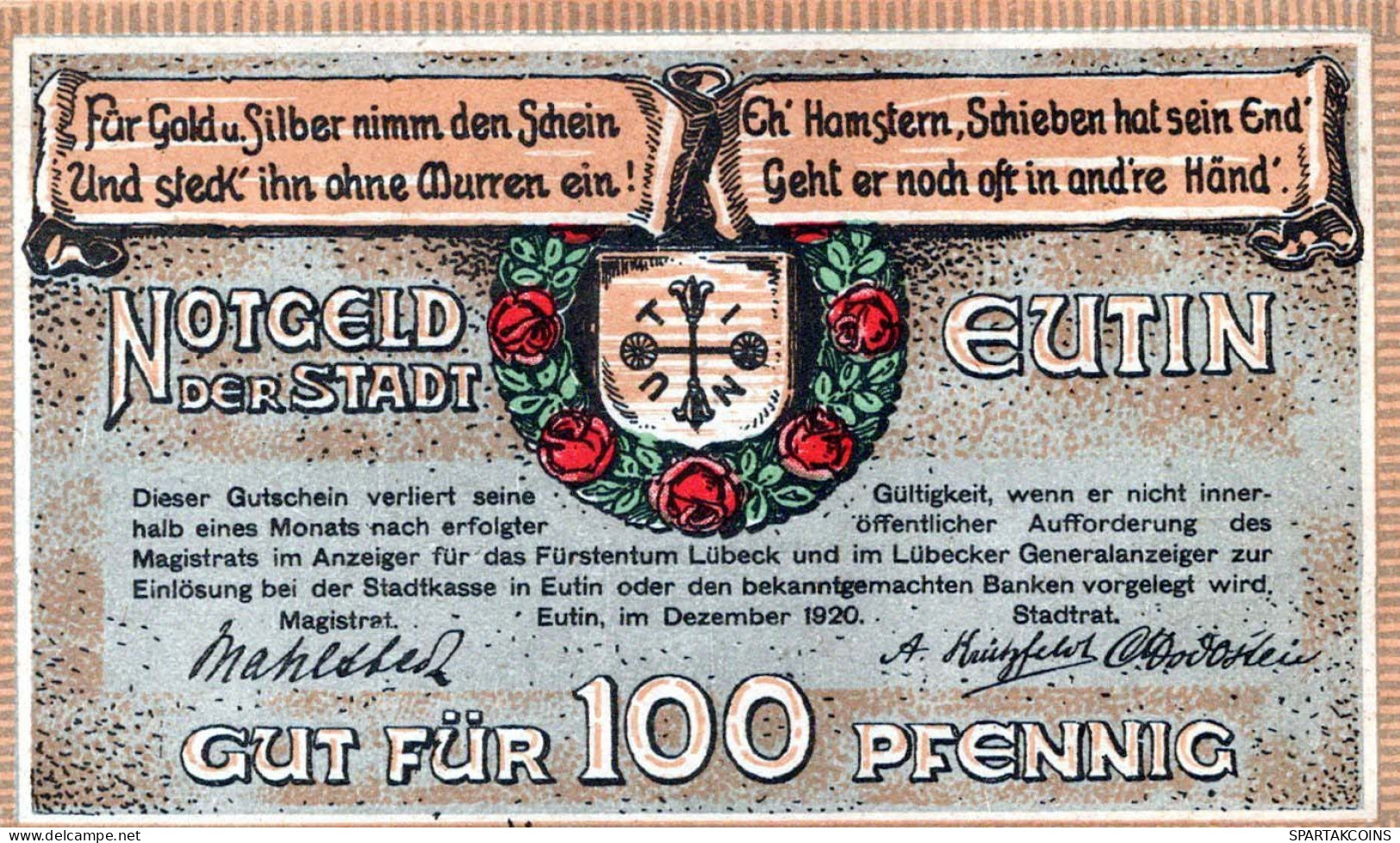 100 PFENNIG 1920 Stadt EUTIN Oldenburg UNC DEUTSCHLAND Notgeld Banknote #PB399 - [11] Lokale Uitgaven