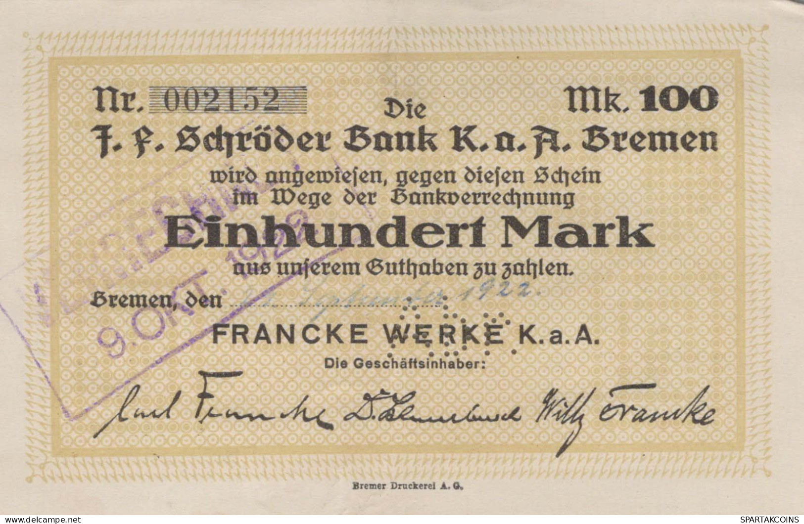 100 MARK 1923 Stadt BREMEN Bremen UNC DEUTSCHLAND Notgeld Papiergeld Banknote #PK753 - [11] Emisiones Locales